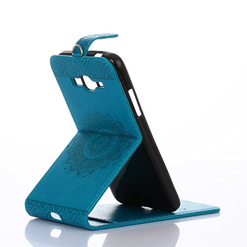 Galaxy Grand Prime Hülle,Galaxy Grand Prime Schutzhülle,Galaxy Grand Prime Leder Hülle,ikasus® Prägung Floral Spitze Blumen Mandala Muster PU Lederhülle Flip Hülle im Bookstyle Cover Schale Slim Fit Soft Silikon Magnetverschluss Schutzhülle PU Leder Hülle Flip Wallet Case Kunstleder Tasche Cover mit Standfunktion und Kartenfächer Tasche Wallet Case für Samsung Galaxy Grand Prime G530F – Blau - 3