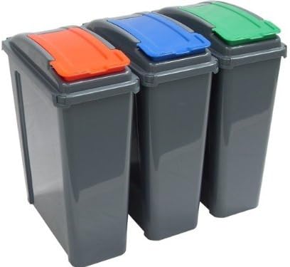 Set Of 3 25L Slimline Recycle Kitchen Waste Bin 25 Litre Plastic Storage Bins With Blue Green And Red Colour Lids By HotDeals-UK