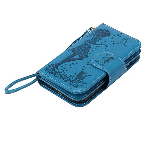 Galaxy S4 Hülle,Galaxy S4 Schutzhülle,Galaxy S4 Leder Hülle,ikasus® Prägung Floral Blumen Mädchen und Katze Vögel Muster PU Lederhülle Flip Hülle im Bookstyle Cover Schale Slim Fit Soft Silikon Magnetverschluss Schutzhülle PU Leder Hülle Flip Wallet Case Kunstleder Tasche Cover mit Standfunktion und Kartenfächer Tasche Wallet Case für Samsung Galaxy S4 i9500 – Mädchen und Katze:Blau - 5