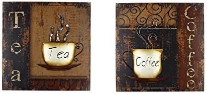 2x XL Matching Wood &amp; Metal Wall Art Steaming Cup Plaques 40cm Square - Tea &amp; Coffee (Outstanding Value Item)