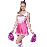 Rosa Cheerleader Kostuem Uniform Cheerleading Cheer Leader mit Pompom Minirock GOGO Damen Maedchen Karneval Fasching -