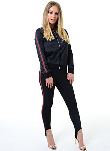Ladies women's bomber jacket bottom hooded crop top and jumpsuit green/red stripe (M/L (UK 12-14), Full suite set)