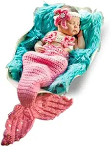 MOMISY Mermaid New Born Phototgraphy Prop Baby Props Outfit Photo Costume Girls Handmade Crochet Mermaid Set Headband Bra Tail - Pink