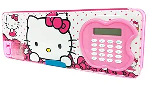Shifaa Enterprise Multipurpose Magnetic Pencil Box with Calculator & Dual Sharpener for Girls & Boys for School | Big Size Cartoon Printed Pencil Case for Kids (Hello Kitty Cat Pink)