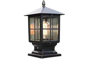 DULG European Rural Square Aluminum Landscape Waterproof Outdoor Pillar Light Column Lamp Retro Post Cap Light with Clear Glass Stigma Lamps E27 Garden Post Pedestal Lamp for Outdoor Decor,Black