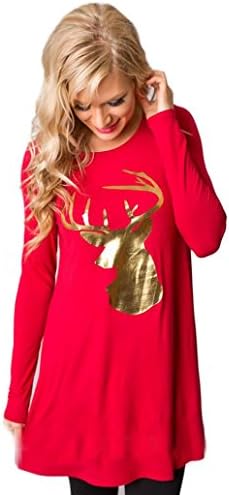 Christmas dress Women,Christmas Jumpers Elk Printed Xmas Women's Dress Long Sleeve T Shirt Tops Sweater Round Collars Minidress Blouse (Red, XXXL)