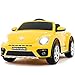 Produktbild UEnjoy kompatibel mit Volkswagen Käfer Kinderauto 12V Kinderfahrzeug Elektro VW Beetle Double-Drive Auto für Kinder mit Fernbedienung,Musik,LED-Leuchten, Doppeltür, Gelb