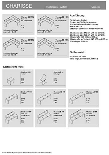 Cavadore Sitzbank „Charisse“ India Weiß / Moderne, gepolsterte Bank mit Lehne / Kunstleder-Bank weiß / Maße inkl. Lehne: 160 x 54 x 83 cm (B x T x H) - 10