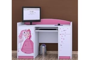 ‎HAPPY BABIES Happy Babies Kinderschreibtisch 125x89x60 Klein Arbeitstisch Büro weiß Rosa Computertisch mit Tastaturablage Kindermöbel mit Schubladen Kinder Muster Prinzessin