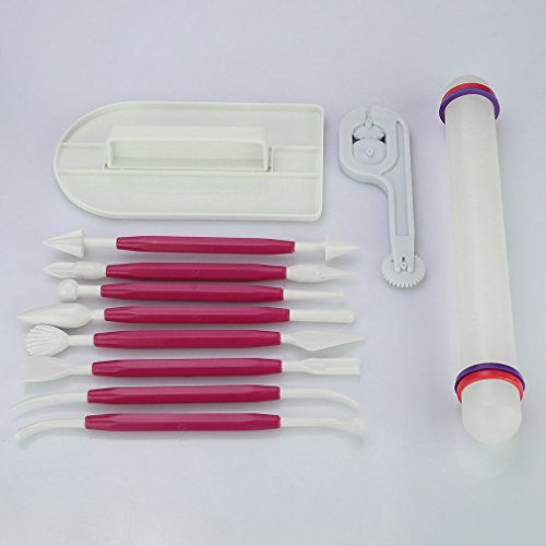 Auralum® 11-teilig Kuchendekorationswerkzeuge, Modellierset - Zuckerkunst, Torten-Set Modellierwerkzeug, Teigglätter/-messer/-roller für Torten, Kuchen und Deko (Rosa)