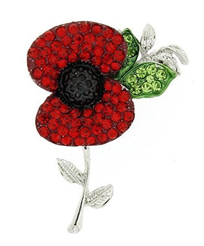 L&C® Silver COLOUR Poppy Flower Brooch Lapel Pin Fashion Crystal Red Flower Badge Pin Broach