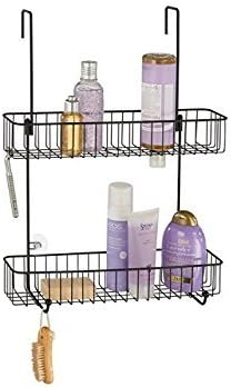 mDesign Practical Shower Tray - Over Door Shower Baskets - Hanging Shower Caddy with 2 Shelves - Matte Black