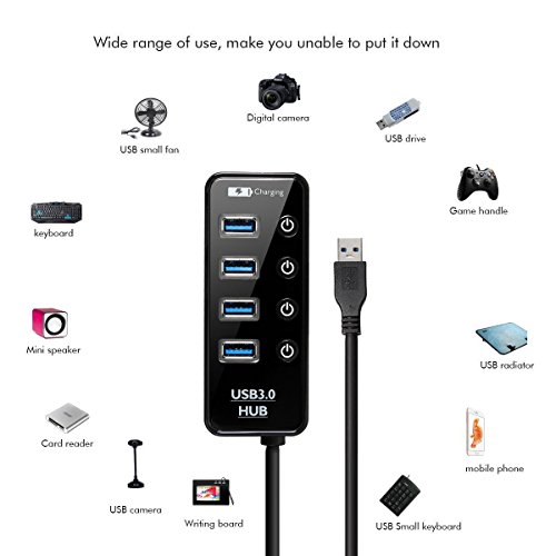 4 Port USB 3.0 Hub, ELEGIANT High Speed Switch USB 3.0 Datenhub 4 Port Hub Adapter Verteiler Datenübertragung Power mit mit 1 Ladeport(Max 2.4A) und 4 Schaltern 5Gbps Data Transfer Ports Splitter AC Power Adapter für Win7/8/10 PC Mac Macbook Laptop Notebook Windows MAC iPhone, iPad, Samsung, Motorola, HTC und andere USB 3.0 kompatiblen Geräten (mit Netzteil) - 6