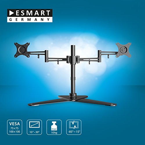eSmart Germany Doppelarm-TV-/Monitor-Tischständer 25 – 76 cm (10 – 30 Zoll) neigbar VESA 75 x 75 bis 100 x 100 neigbar + schwenkbar + drehbar + Pivot-Funktion Schwarz Montagelöcher am TV max. 100 x 100 mm (Breite x Höhe) - 2