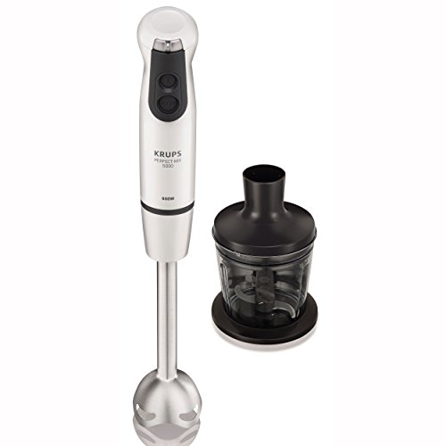 Krups HZ2031 Stabmixer Perfect Mix 5000 Plus inkl. Mixbecher und Mini-Zerkleinerer, 4-Messer-Technologie, 16 Geschwindigkeitsstufen, Turbostufe, 600 W, wei / schwarz / edelstahl gebrstet