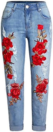 Women Stretchy Ripped Jeans Blue Boyfriend Style Loose Floral Embroidery Jeans (3XL)