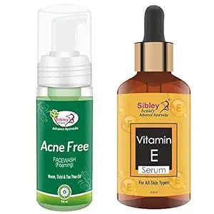 Sibley Beauty Vitamin E Face Serum ( 1 x 50 ml ) + Anti Acne Face Wash Foaming ( 1 x 150 ml ) - Pack of 2 - For Wrinkles Skin Glowing brightening face Serum for men women girls boys