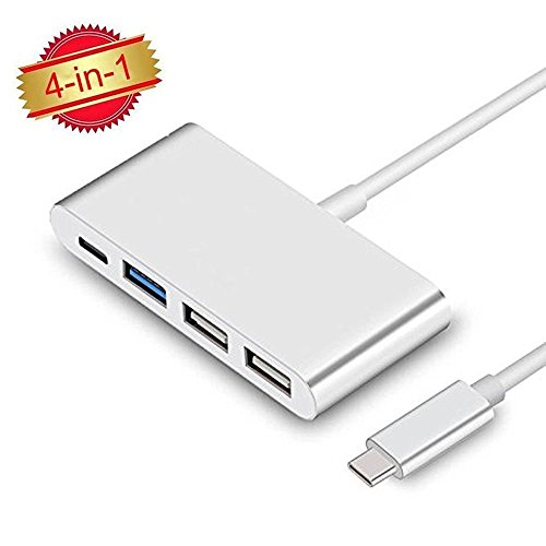 USB-C Hub FeBite 4 In 1 USB 3.0 Typ C Adapter mit Netzteil für Lade- und Datenübertragung, kompatibel mit Macbook Google ChromeBook und anderen Geräten mit USB-C Port (SILVER)