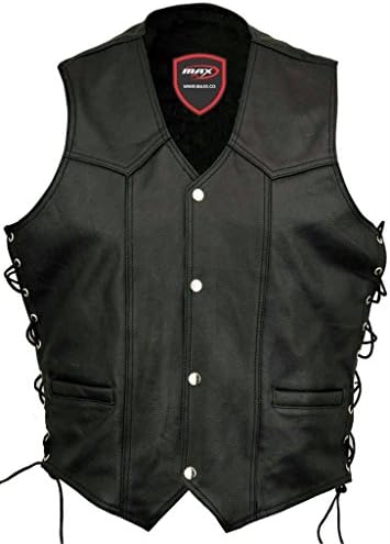 New Men Motorbike Waistcoat Leather MAXFIVE Gilet Biker Style Motorcycle Vest Classic Harley Touring Urban City Laced Waistcoats Black (Large)