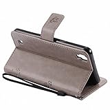 LEMORRY LG X power Hülle Tasche Geprägter Ledertasche Flip Beutel Haut Slim Fit Bumper Schutz Magnetisch Schließung Stehening Soft SchutzHülle Weich Silikon Cover Case Schale für LG X power (K220DS,K220), Glücklicher Baum Grau - 