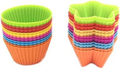 Reusable and Non-stick Silicone Baking Cups/ Muffin Cup Molds/ Truffle Cups 24 Pack 6 Vibrant Colors (Round + Star)