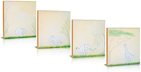 Safari Friends, Lithograph Canvas Art, Rhino, Hippo, Giraffe, Elephant, on Green Grass in Sand Color Frame for Baby Nursery, Modern Artsy Kids Rooms, Home Décor, Wall Art, Set of 4 12 X 12 Each
