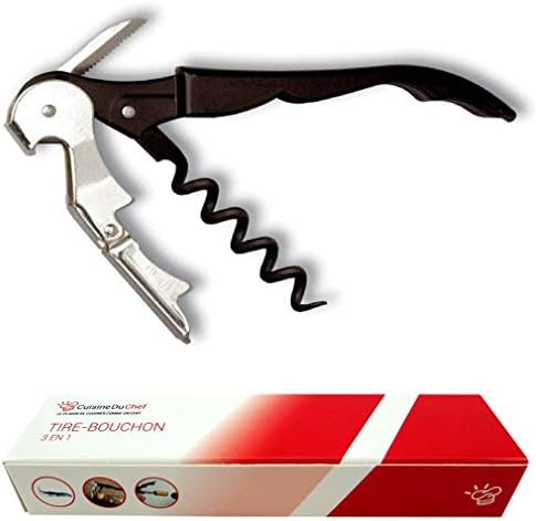 CuisineDuChef 3 in 1 Stainless Steel Simple and Effortless Black Double Lever Waiter's Corkscrew Wine Bottle Opener/Bottle Cap Opener/Foil Capsule Cutter Sommelier Knife Blade