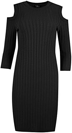 Hina Fashion Womens Ladies Rib Knitted Cold Cut Out Shoulder 3/4 Sleeve Short Jumper Midi Dress (One Size Fits 8-14, Black)