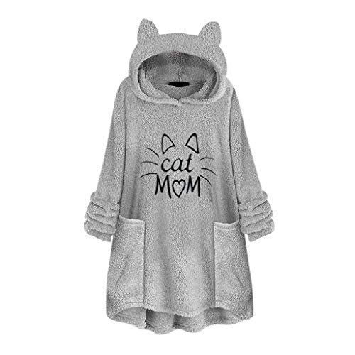 WOZOW Capuche Chemisier Femme Polaire Broderie Oreille De Chat Taille Plus Pull Top Manteau Hiver A Peluche Grande à Boutonnage Couleur Unie Veste Manteaux(Gris,5XL)