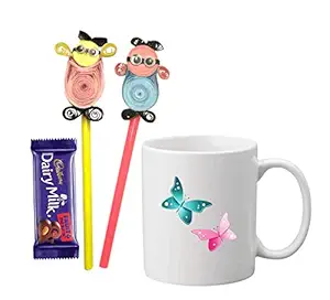 Loops n knots  Gift for Kids Combo Pack ( Butterfly Printed Mug, with 2 Paper Quilling Pencil Topper & Chocolate / Rakshabandhan/Birthday/Gift for Kids )