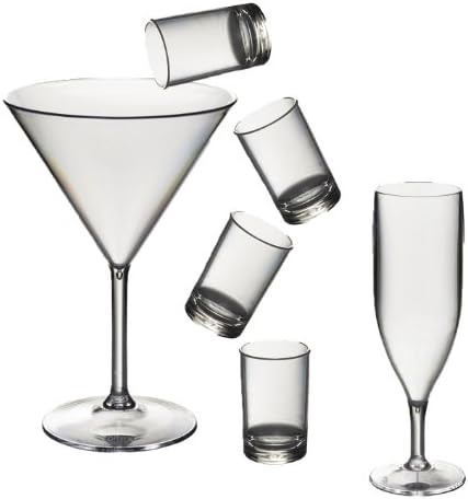 Roltex Party Pack Set of Polycarbonate unbreakable reusable plastic glasses, 6 Champagne Glasses (180ml), 6 Cocktail/Martini/Sweet Glasses (350ml), 6 Shot Glasses (55ml) See individual items for exact sizes and volumes