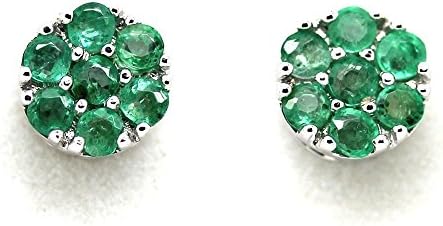 1.00 Carat Natural Green Round Emerald Cluster Earrings in 14k White Gold Screw Back