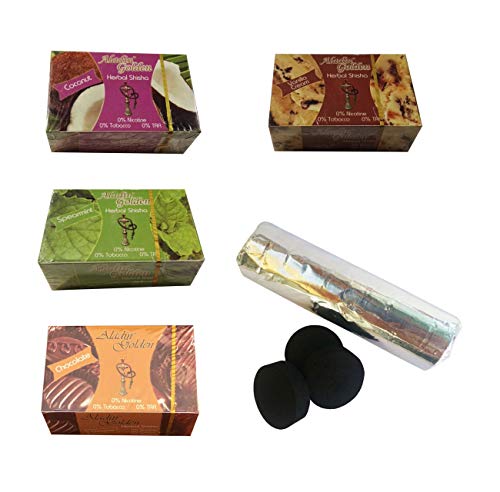 Outletdelocio. Lot de 4 Herbes pour Chicha Saveurs Vanille, Chocolat, Noix de Coco et Menthe + pastilles en Carbone Cachemire. 58324