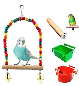 FunMart Budgies Package, Pack of 2 Feeder, 2 Wooden Perch, 1 Swing (Only for Budgies,Finches, Love Birds)