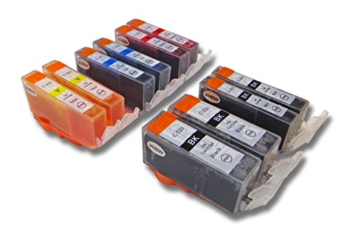 vhbw 10x Druckerpatronen Tintenpatronen Set mit Chip für Canon Pixma IP3600, IP4600, IP4700, MP540, MP550, MP620 wie CLI-521BK/C/M/Y, PGI-520BK.