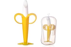 BYUP Cepillo de dientes de bebé y plátano, cepillo de dientes de silicona seguro para bebés con funda de almacenamiento para edades de 3 meses en adelante