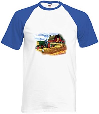 Simply Tees Oliver Twist Tractor Adult's Short Sleeve Baseball T-Shirt White / Royal- XX-Large (47/49")