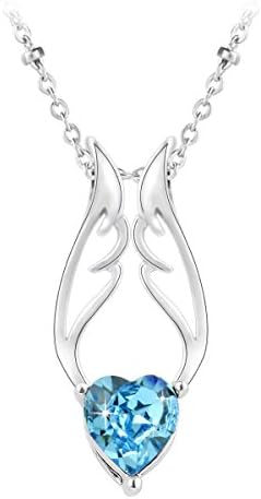 Le Premium® Angel Wing Heart Crystal Pendant Necklace Heart Shaped SWAROVSKI Aquamarine Blue Crystal