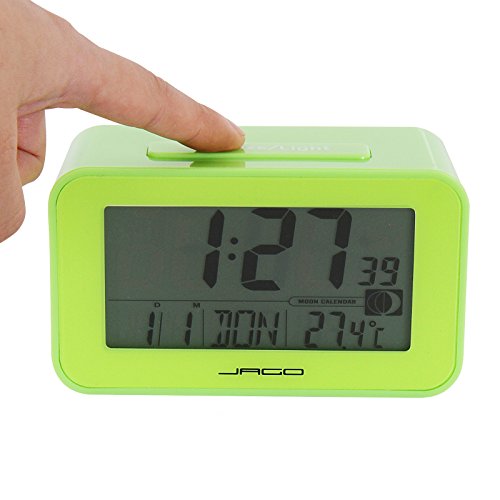 Jago Funkwecker mit Mondkalender und Temperaturanzeige mit LED-Hintergrundbeleuchtung und LCD-Display in vier verschiedenen Farben inkl. Snooze-Funktion und Datum Wochentag - 4