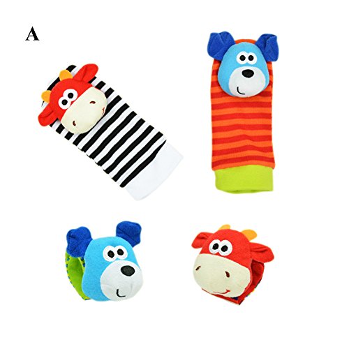Eleery 4 Pcs Unisex Baby Animal Rattle Toys Wrist Bands & Foot Socks Newborn Feet Finder Developmental Toys Foot Wear Accessories