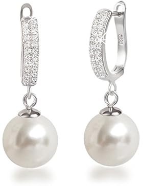 Schöner-SD, Perlenohrringe Ohrhänger mit großen Perlen, 925 Silber Rhodium mit glitzernden Zirkonia