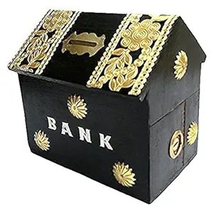 Noble Wood Crafts Wooden Money Box with Lock Piggy Bank Coin Box Kids, Girls, Boys & AdultsChildren Gifts (Hut Shaped Black)