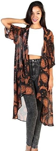 Hmeng Women's Floral Print Sheer Chiffon Loose Kimono Cardigan Capes Top Cover up Shirt Blouse (Brown, 4XL)