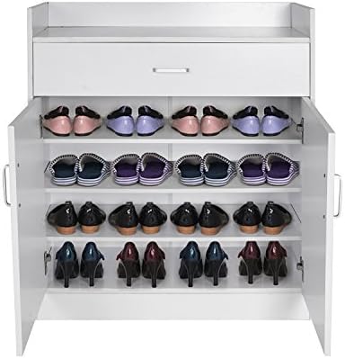 Shoe Cabinet, HST Mall Shoe Storage Cabinet Cupboard in Black-2 Doors with Drawer-Metal Handles-16 Pairs of Shoes-High Capacity-Hallway Shoe Organiser