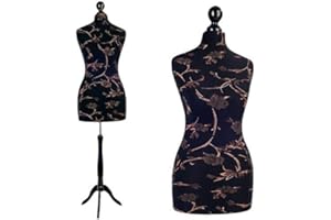 LUCCESI Schneiderpuppe | Damen | Größe/Size: M/L (38-40) | Schneiderbüste | Bezug schwarz/florales Muster (braun) | Standfuss schwarz