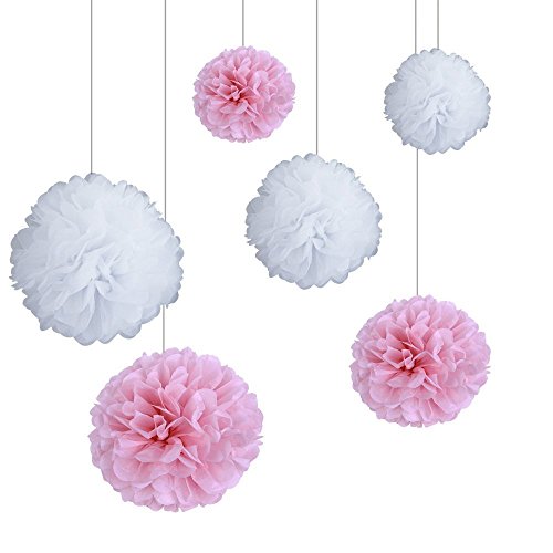 Veewon Seidenpapier Blumen - Set von 6 Mix Größe Garlands Pom Poms für Hochzeit Geburtstag Party, Bachelorette Party Kit, Baby-Dusche und Heimdekorationen (White & Rosa)