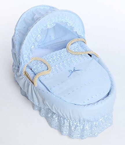 Luxury British Made Blue Milano Broderie Anglaise Moses Basket