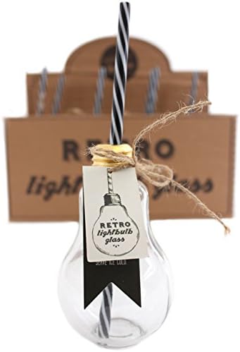 Set of 2 Retro Light Bulb Drinking Glasses Mason Jars with Screw Top Lids and Straws