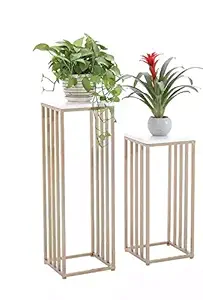 Weston Crafts Modern Flower Stand, Set of 2 Metal+ top White MDF Floral Pedestal Stand for Wedding Centerpieces, Suitable for Indoor Outdoor Party, (Gold, 29 x 10-Inch)