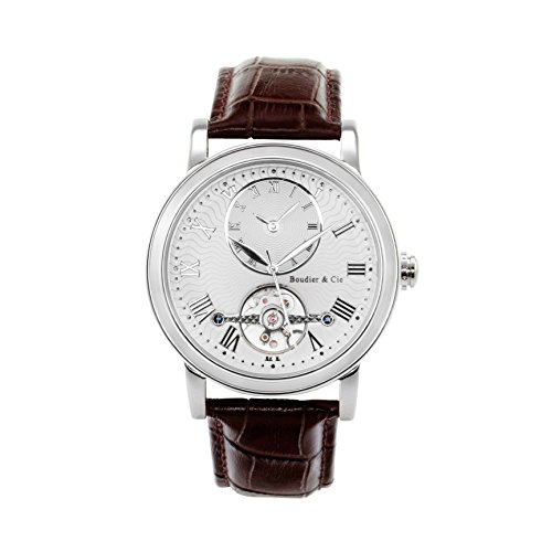 Boudier & Cie – B15H3 – wrist watch for men – automatic movement analog display – classic watch – white dial – dark brown leather bracelet